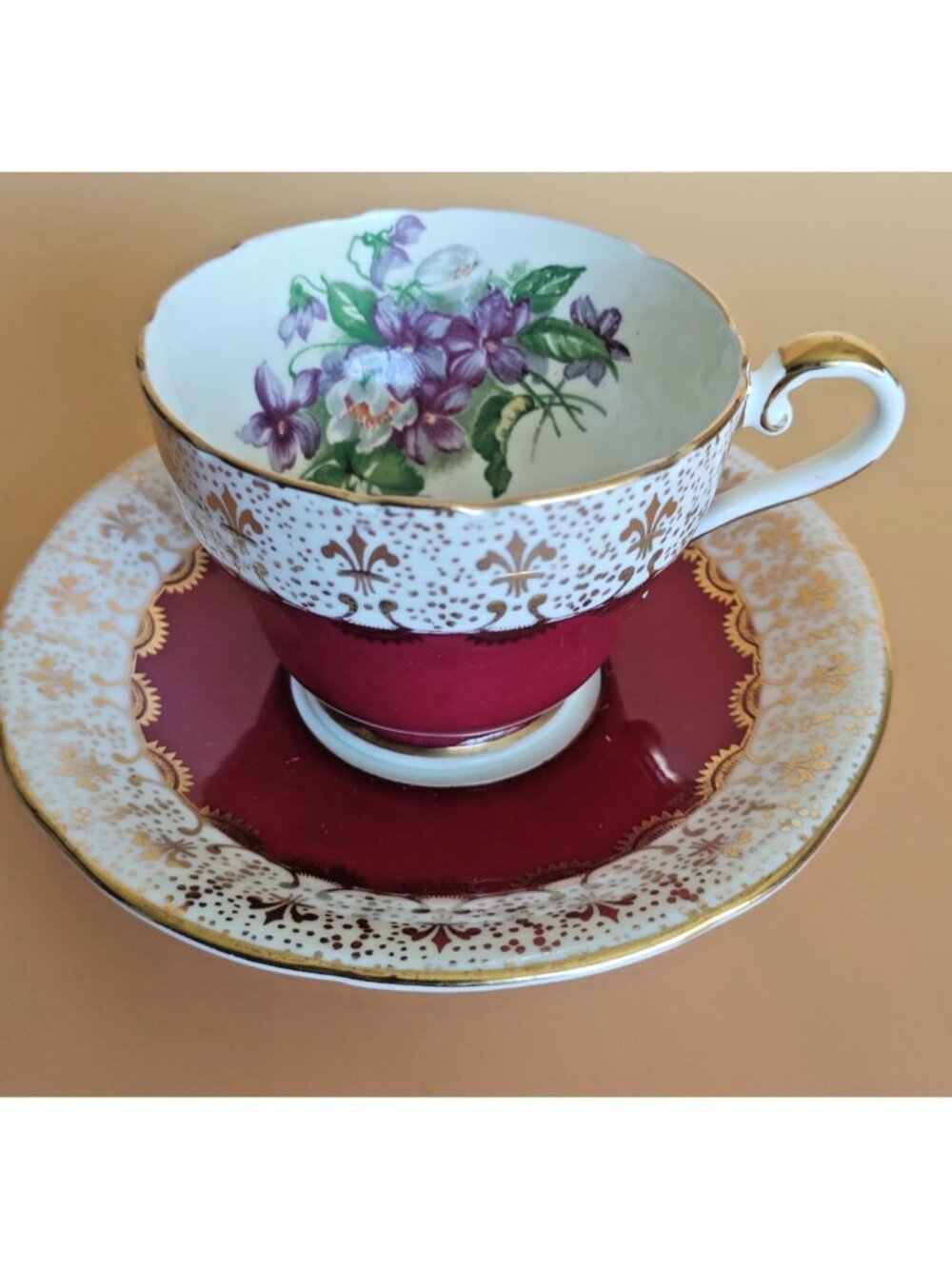 Vintage Aynsley Bone ChinaTea Cup & Saucer Coral Gold Lace Violets England